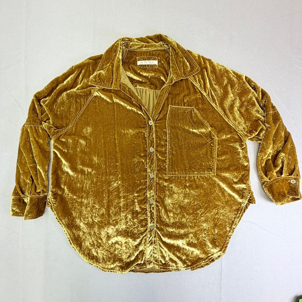 We The Free Night Skies Velvet Button Down Shirt Womens Medium Gold Long Sleeve - Picture 3 of 11